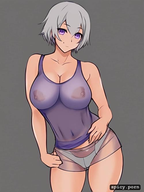 purple eyes, style pencil, tanktop with underboob and short shorts
