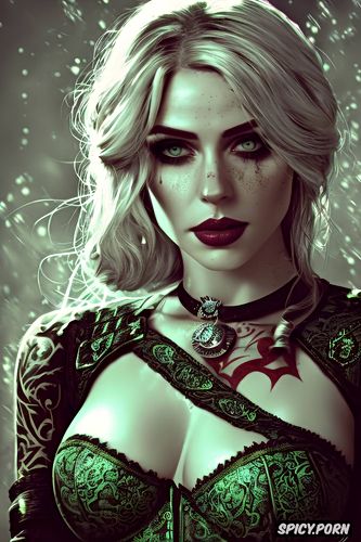 tattoos masterpiece, k shot on canon dslr, ultra detailed, ciri the witcher beautiful face young sexy low cut dark green lace lingerie