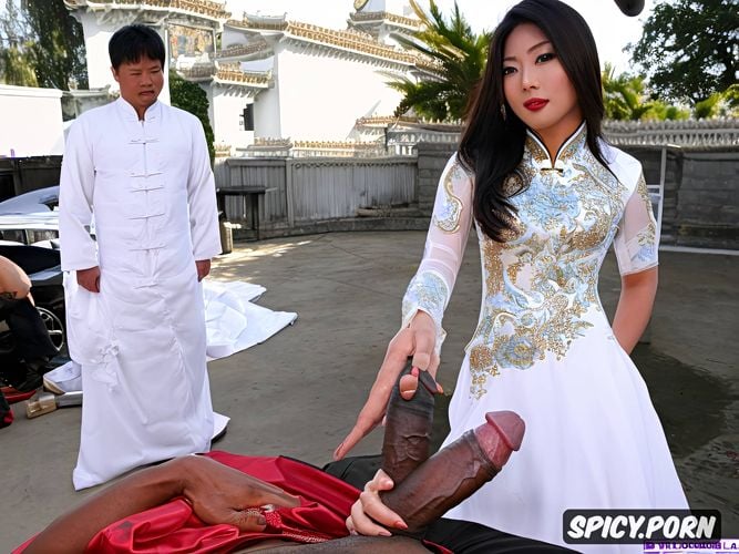 wearing traditional chinese wedding dress, beautiful face, huge indian men