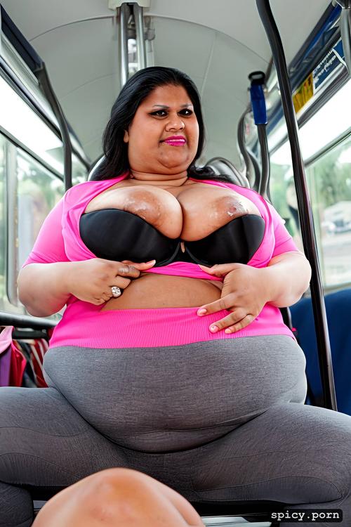 colossal boobs, solo, large belly, on a public bus, fully clothed