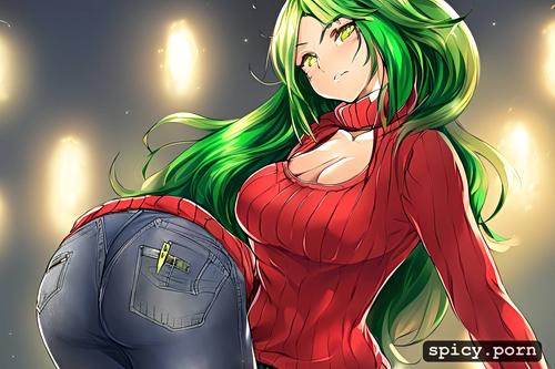 anime woman, jeans shorts, white skin, medium breasts, red sweater short light green hair