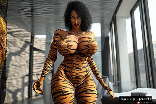 hourglass body, tiger woman, colossal breasts, mediterranean milf