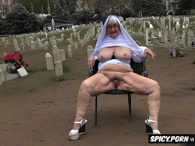 spreading cellulite legs, catholic nun, nipples, spreading very hairy pussy