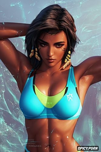 k shot on canon dslr, ultra detailed, masterpiece, pharah overwatch beautiful face turquoise push up sports bra dark red yoga pants portrait