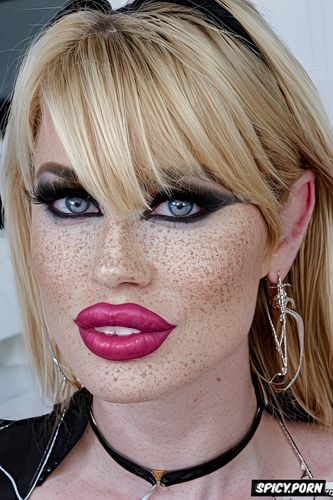 freckles, botox lips, hyper glossy mirrored lip, huge pumped up balloon lips