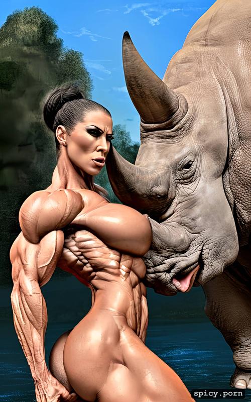 8k, strength effort, nude muscle woman vs rhino, frekles, agony