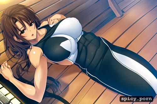 precise lineart, white woman, brown hair, straight hair, gym outfit