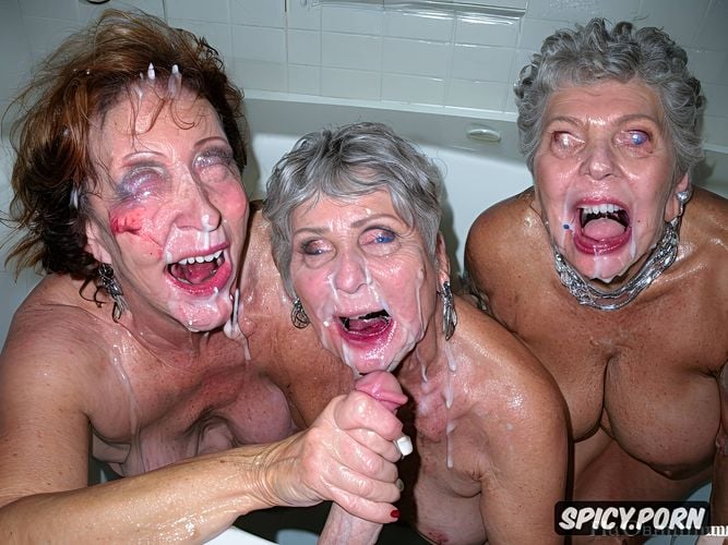 highres, tremendous cum on tits, vivid colors, old zombie grandmother and old zombie aunt