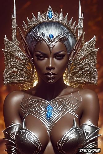 fantasy princess high elf beautiful face ebony skin tone short spikey silver hair tattoos royal elven armor tiara topless tits out castle