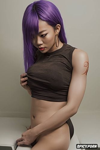 violet hair, masterpiece, ultra detailed, tall body, woman big ideal tits tatoo all body piercings in both nicolas 20 y o