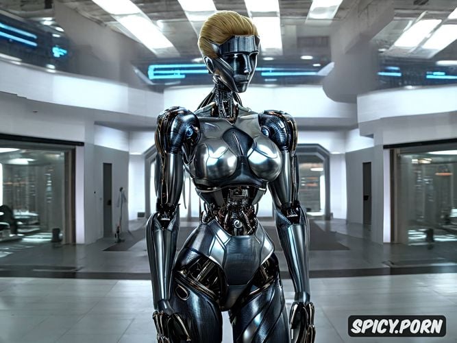 internal robotic parts visible in the abdomen, sexy blonde robot with fully metallic body and huge tits