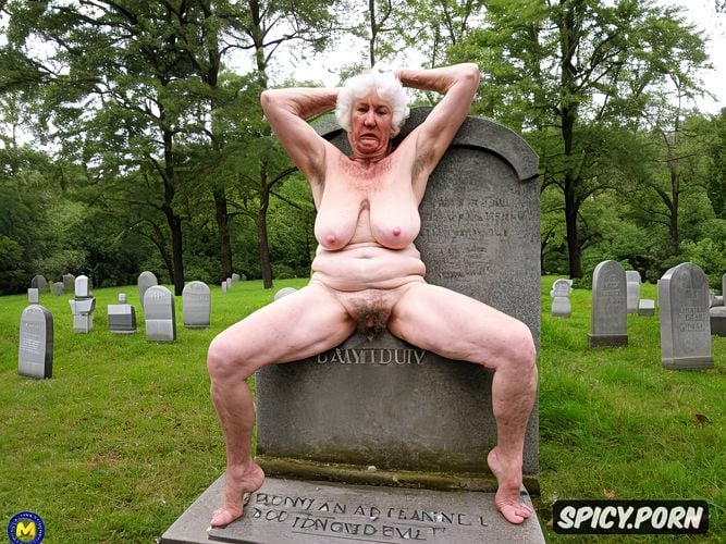 very detailed, very hairy armpits, super old granny, sitting on gravestone