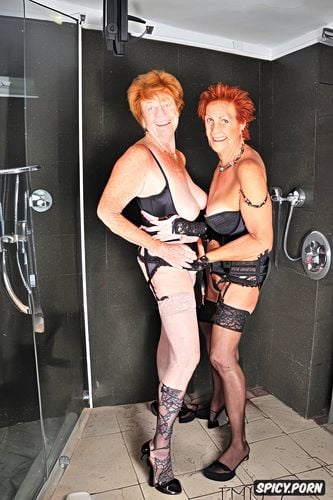 short sexy fair skinned granny seventy nine senior granny standing and revealing in open robe showing tits exhibitionist granny she is petite small saggy tits ginger hair american granny in bathroom undressing indoors smiling at viewer strappy heels corset fishnet stockings