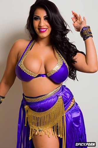 smiling, traditional piece belly dance costume, gorgeous voluptuous belly dancer