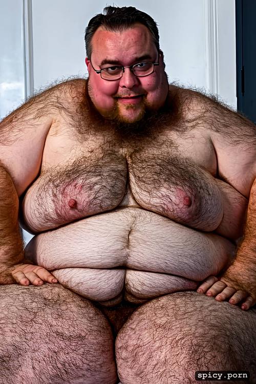 super obese chubby man, whole body, skin head, italian man, cute round face with beard and glasses