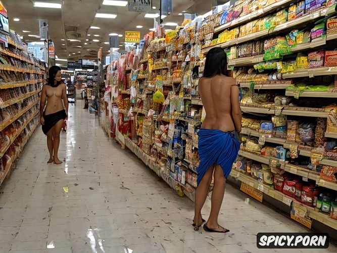 high quality photography full body shot of four young gujarati bhabhis with precisely accurate random bodies and faces are standing in the grocery store completely naked revealing their vaginas to the viewer