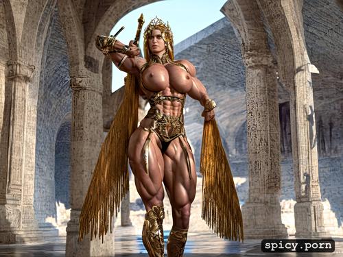 photorealistic, massive abs, nude tall muscle woman in tiny armor with massive abs and strong thighs and strong arms and strong legs and massive muscles is covering a weak little small female princess behind her back