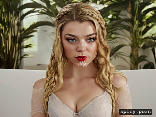 mouth open and drooling onto chest, perfect face, busty, natalie dormer 20 year old