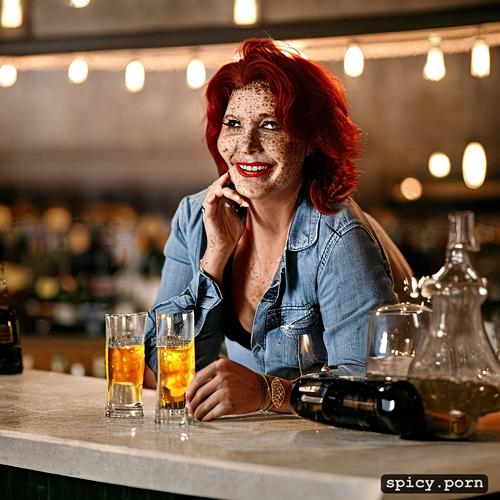 a realistic gritty photo of an dirty drunk, unreal engine, a woman with natural red hair sticking out