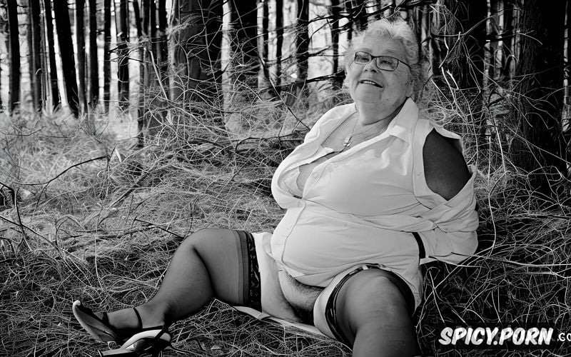 very old ssbbw, sitting on the wooden floor in a cabin in the cursed woods