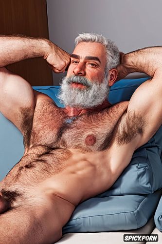 solo very hairy gay muscular old man with a big dick showing full body and perfect face beard showing hairy armpits sitting on couch chubby body