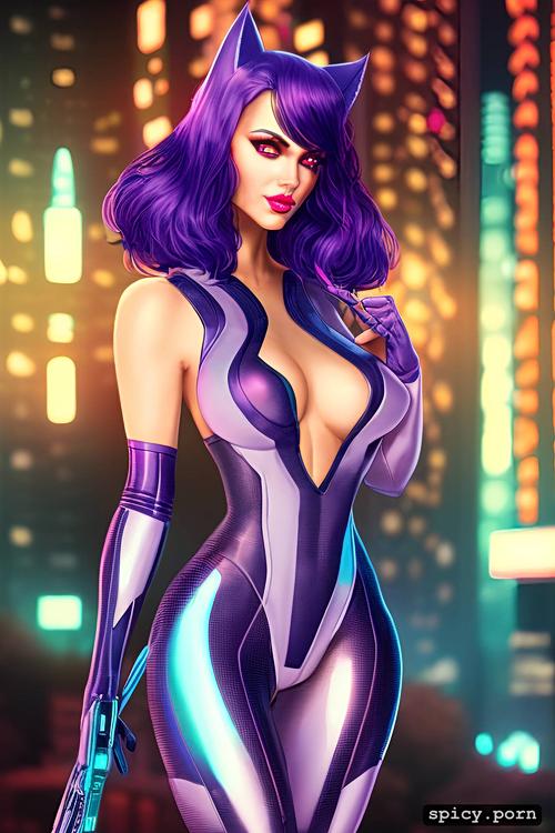beautiful face, purple hair, big hips, catwoman, perfect body