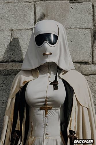 a huge chested french nun with a white hood wearing a large barrel wwii gas mask