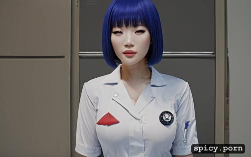 in gym, blue hair, small ass, pretty face, asian female, nurse
