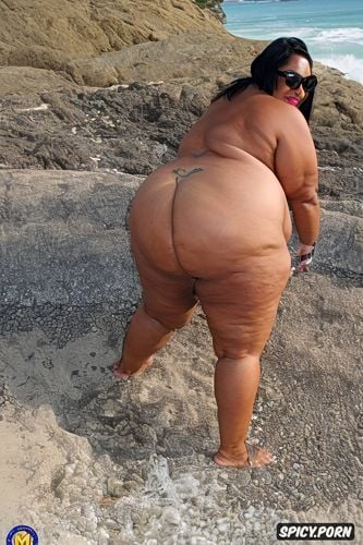 enormous ass, ssbbw, tanned, black hair, beach, nude pregnant pissing massive ass