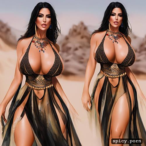 intricate hair, flowing dress with thigh slit, hourglass figure