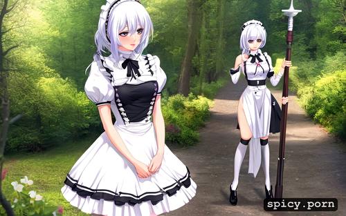 anime, 20, cute, white hair, maid outfit, anime waifu woman