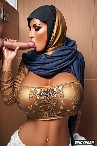 pretty face, hijab, uncircumcised brown penis, public toilet