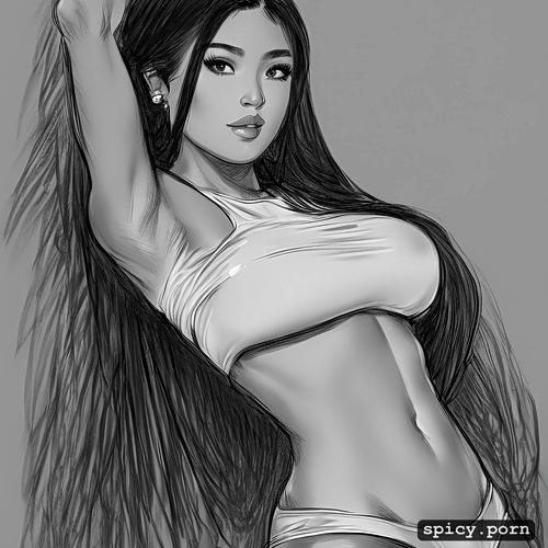 thai teen, intricate long hair, sketch, dark skin, white top and underboob