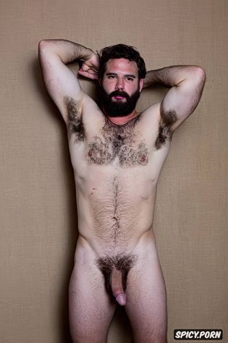 solo masculine hairy hipster guy with a big dick showing full body and perfect face beard showing hairy armpits indoors beefy body dark brown hair