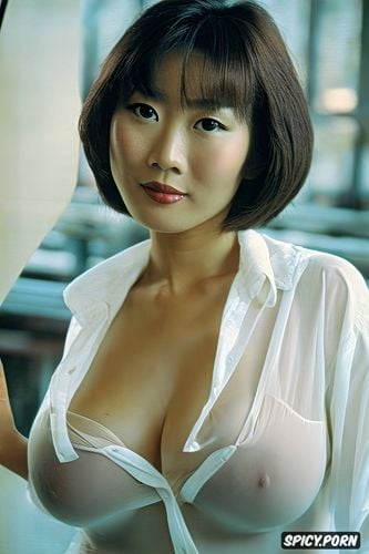 library, asian woman, muscular body, bobcut hair, huge boobs