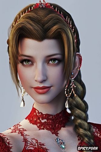 high resolution, k shot on canon dslr, tattoos masterpiece, aerith gainsborough final fantasy vii rebirth beautiful face young tight low cut red lace wedding gown tiara