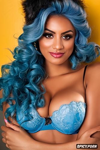sunbathing, blue hair, seductive, latina woman, perky tits, cleavage
