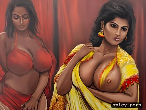 showing pussy and boobs, dark skinned, intricate hair, red saree