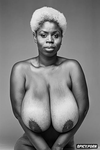 short grey hair, large areolas, portrait, massive saggy breasts