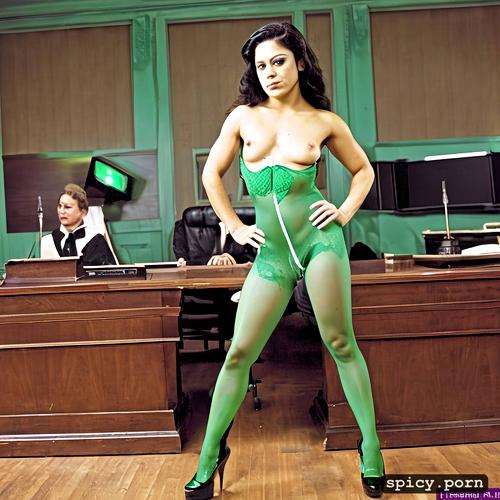visible nipples, torn bodystocking, highres, green tatiana maslany in courtroom as she hulk saggy breasts