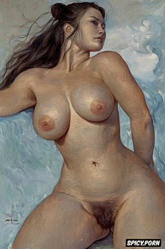 manet, wide gap between breasts, open mouth, eyes closed, very hairy vagina