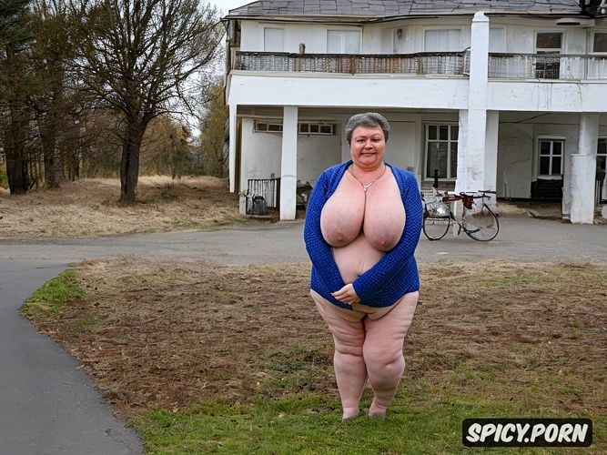 worlds largest most saggy breasts, standing straight in east european high apartment concrete buildings streets large view with people in backround