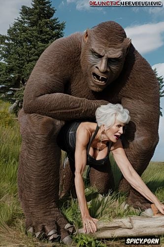 roars as he releases into her pussy, sasquatch doggy style with beautiful sixty granny