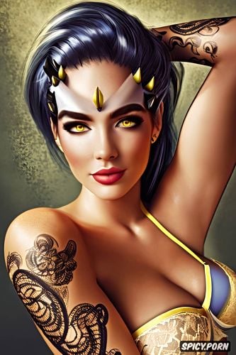 high resolution, ultra detailed, naked widowmaker overwatch beautiful face young sexy low cut soft yellow lace lingerie
