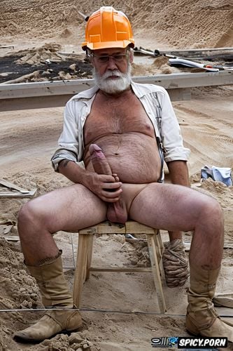detailed facial features, short beard, old man constructor1 1 sitting at construction site