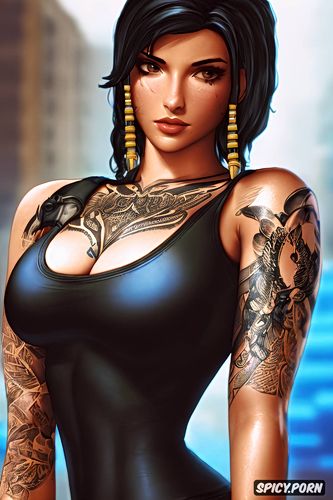 tattoos masterpiece, k shot on canon dslr, ultra detailed, pharah overwatch beautiful face young sexy low cut black yoga top and pants