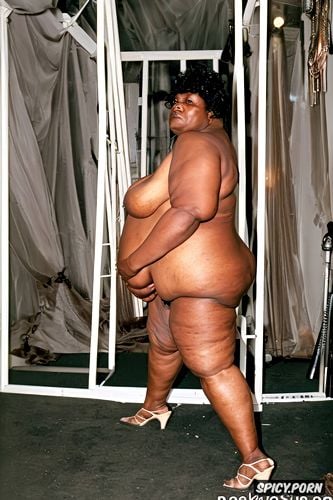 black, naked, no clothes cellulite ssbbw obese body belly clear high heels