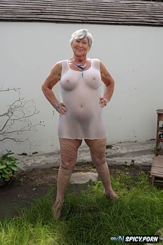 gilf, short brunette hair, wrinkled, wide groin, background patio