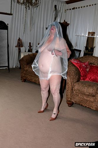 ghost with transparent shape of naked fat old woman in a haunted house