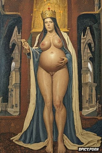 halo, middle ages painting, virgin mary nude, spreading legs